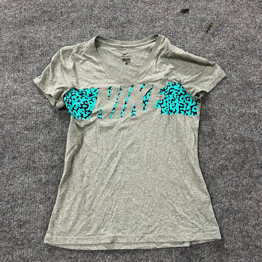 Nike T-Shirt Womens Size M Gray Dri-Fit V-Neck Teal Graphic Logo Athletic Gym